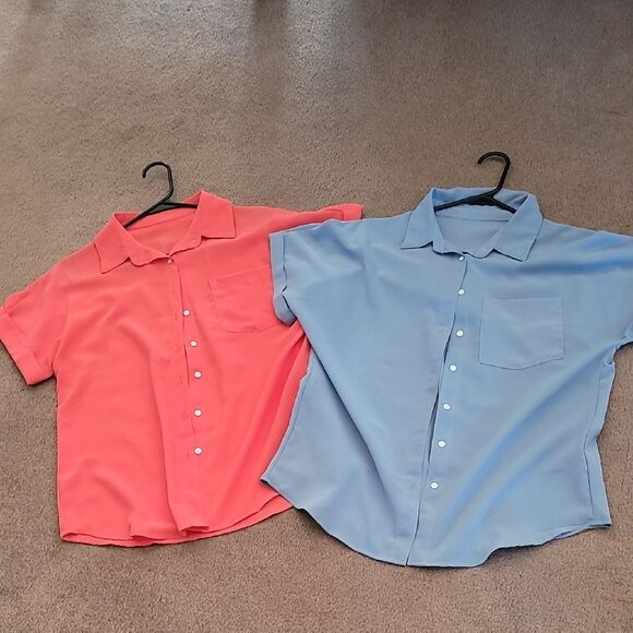 Tops - Womens Medium Coral and Blue Button-Up Blouse Shirt tops, Set of two